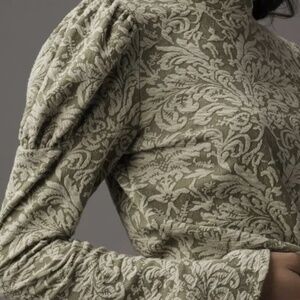 Anthropologie Top Olive Grn Cream Jacquard Puff Slvs Flare Wrist Mock neck tie